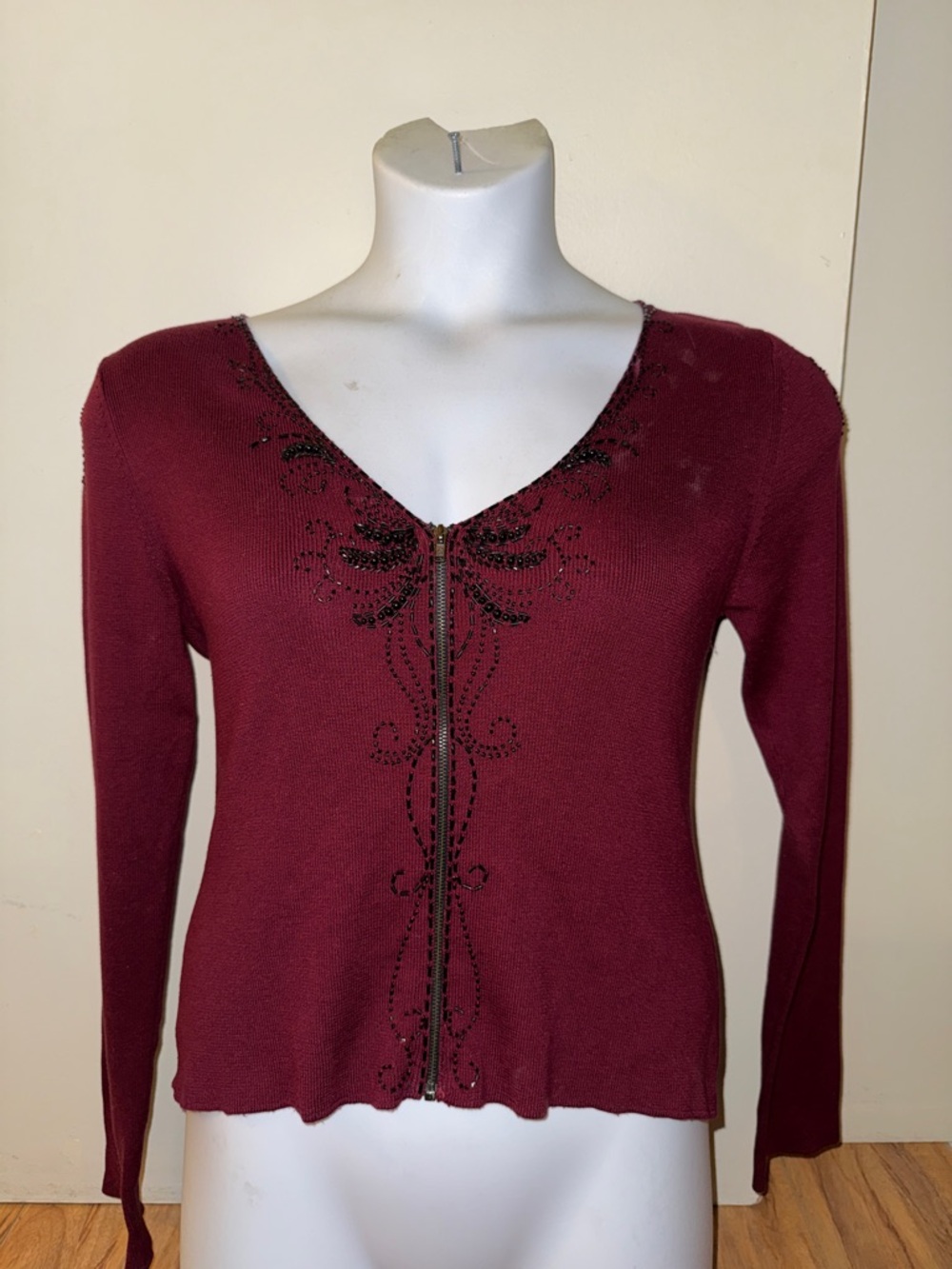 90’s vintage Betsey Johnson Burgundy V-Neck Beaded Zip Front Sweater